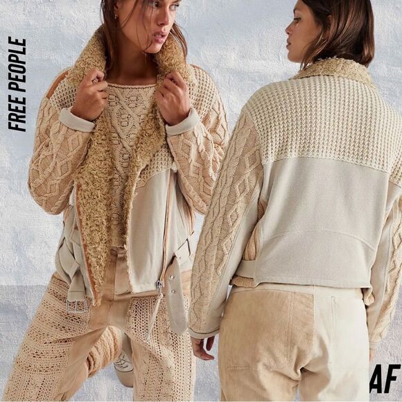FREE PEOPLE COZY KNIT MIX MOTO JACKET NWT SIZE LARGE CREAM TAN - Picture 1 of 9
